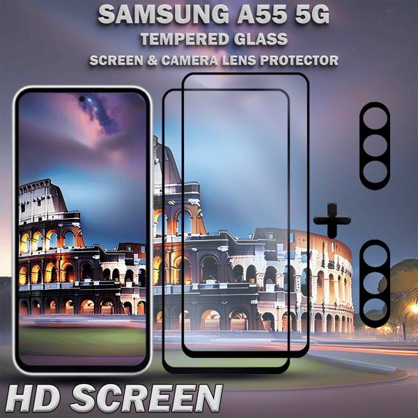 SAMSUNG A55 5G, skärmskydd, linsskydd, härdat glas 9H, superkvalitet 3D