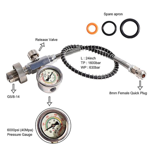 Uppgradera 24 tum Hpa tankstation Laddningsadapter Adapter från Scuba Tank W/din 232/300bar kontakt
