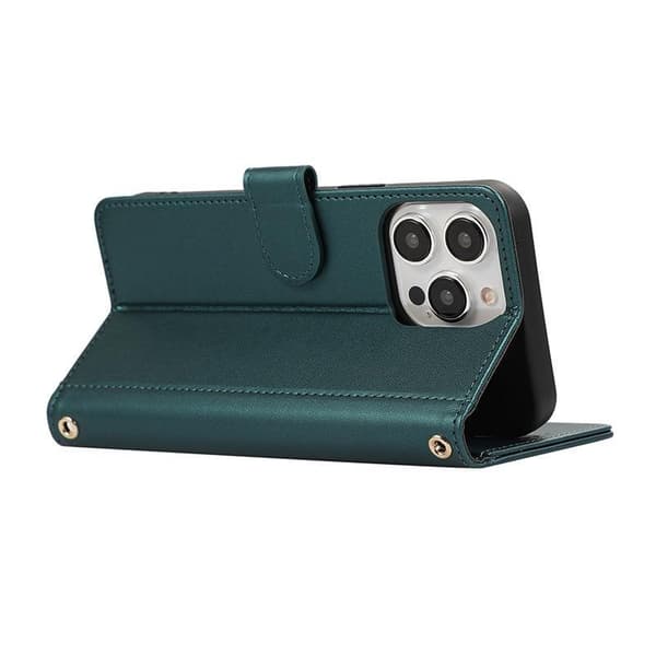 (For iPhone 13) Feeling Wallet Flip Case with Card Slots and Photo Red grønn