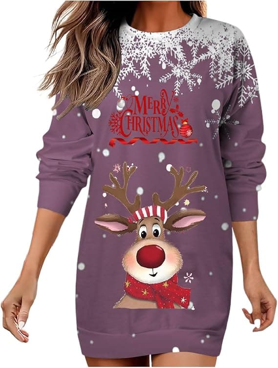 Jule-sweatshirtkjole til kvinder med rund hals og lange ærmer, 3D-digitalt print pullover - Lilla - Størrelse M Purple M