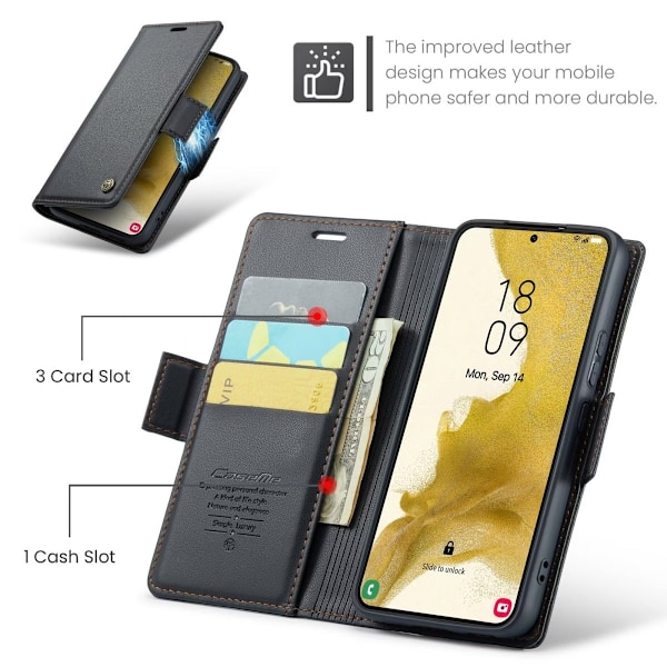 Samsung S22 - Fodral Premium Läder RFID Skyddat CaseMe® Svart Black