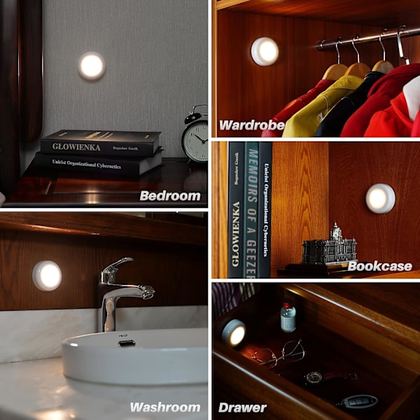 Mini Touch Press LED-spotlight för inomhus, bärbar, självhäftande bas, batteridriven, under skåp, varmvit, 5-pack