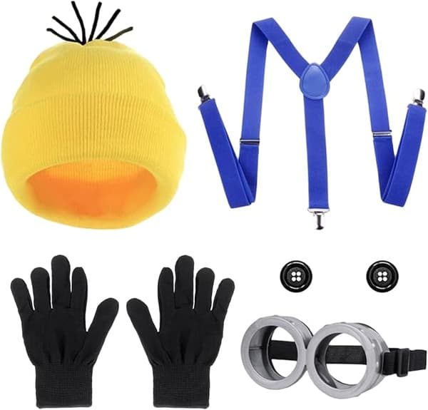 5-delt Minions Kostume Tilbehørssæt, Halloween Kostume Karneval: Gul Hat, Briller, Handsker, Knapper, Rem