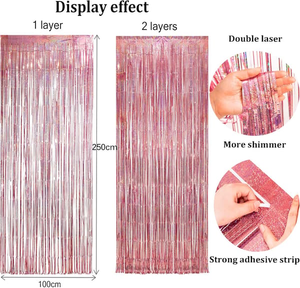 (2-pakning, 1x2,5m) Rosa foliegardinbakgrunn, glitrende tinsel