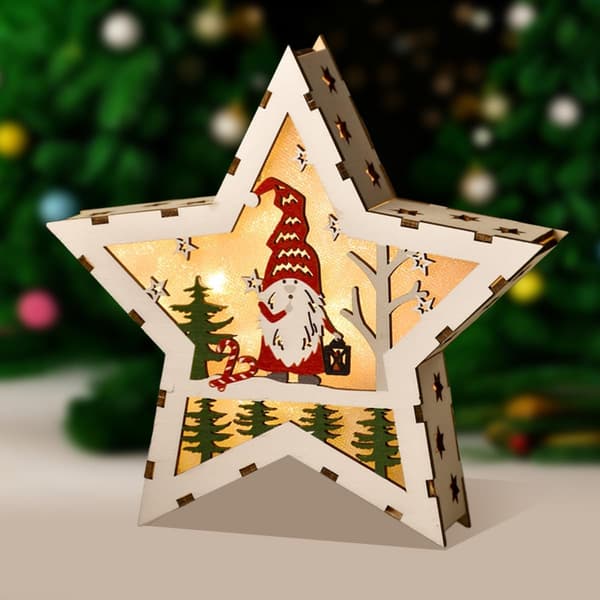 Julepynt i træ: DIY håndlavet lysende pynt, skrivebords-julestjerne med farveskiftende lys — Julemanden Santa Claus