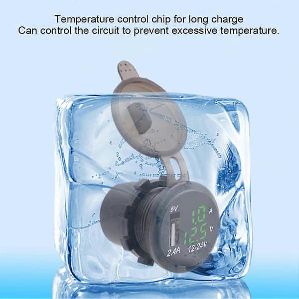 DC12-24V 2.1A 3 i 1 Multifunktion Digital LED vandtæt Termometer Voltmeter Bil USB Hurtigoplader Grønt Lys