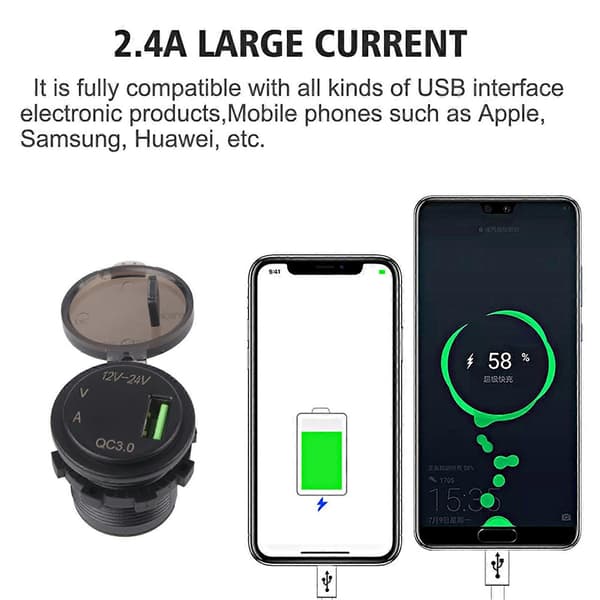 Bil digitalt display spenning strømmåler vanntett hurtiglader 23,6 tommer kabelblå DC12-24V