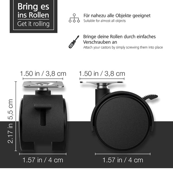 Sett med 4 møbelhjul 40 mm - transporthjul med brems u