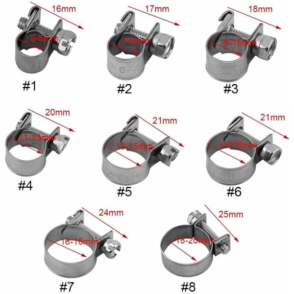 Sats med 10 stycken extra starka rostfria slangklämmor 6 mm-20 mm Valbar storlek för VVS (13-15 mm)