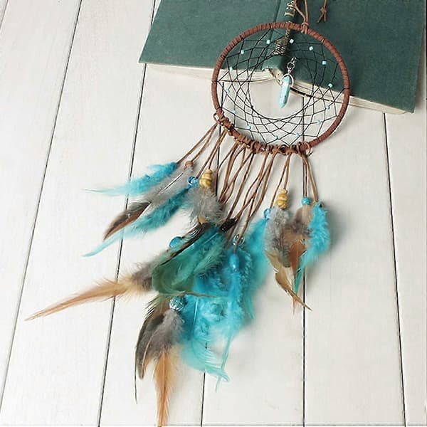 Håndlaget drømmefanger med vintagefjær, drømmefanger soveromsoppheng, beste gave