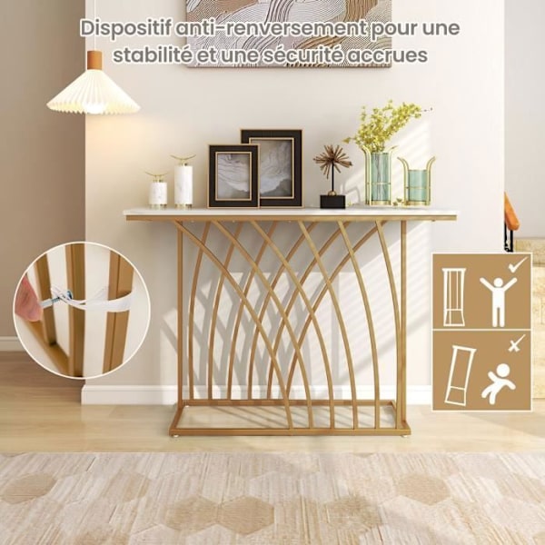 COSTWAY konsolentrémöbel, marmoreffekt - 120 x 30 x 80 CM - Skandinaviskt konsolbord i guldmetallram för hall, vardagsrum vitt och guld