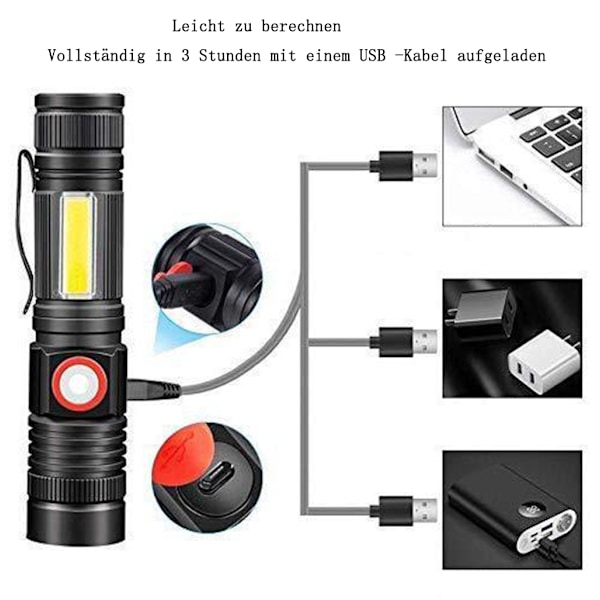 Superstark LED Taktisk Ficklampa, Uppladdningsbara USB-ficklampor med Stark Magnet & COB-ljus för Utomhuscamping, Vattentät & Hållbar Kompakt