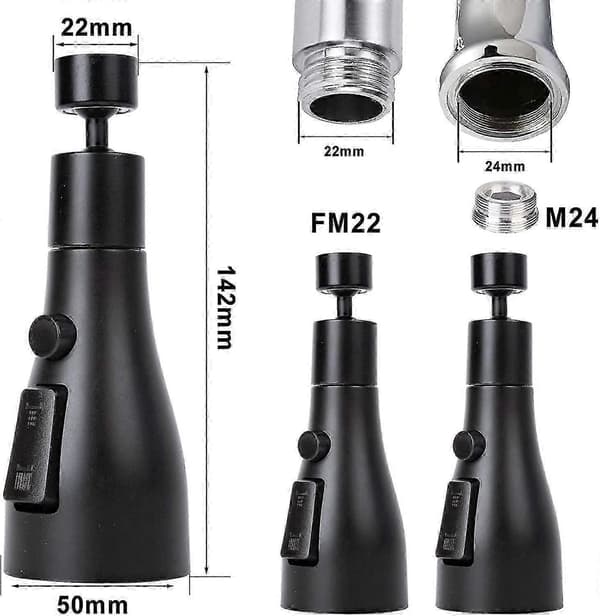 360° roterbar svart kjøkkenkran med 3 spraymoduser og FM22/M24 tutsprayhode