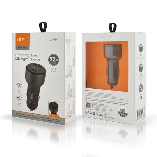 Bil-laddare med LED-display 2x (USB-A USB- C) Svart