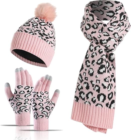 Leopard Beanie Hue Tørklæde Touch Screen Handsker Sæt med Pom til Kvinder