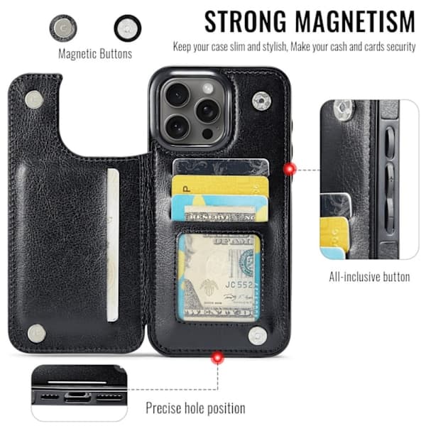 För iPhone 16 15 Pro Max Plus PU Läderfodral Ställ Korthållare, Dubbellås med Magnet och Slitstarkt Stötsäkert Skydd iPhone16Pro iPhone15