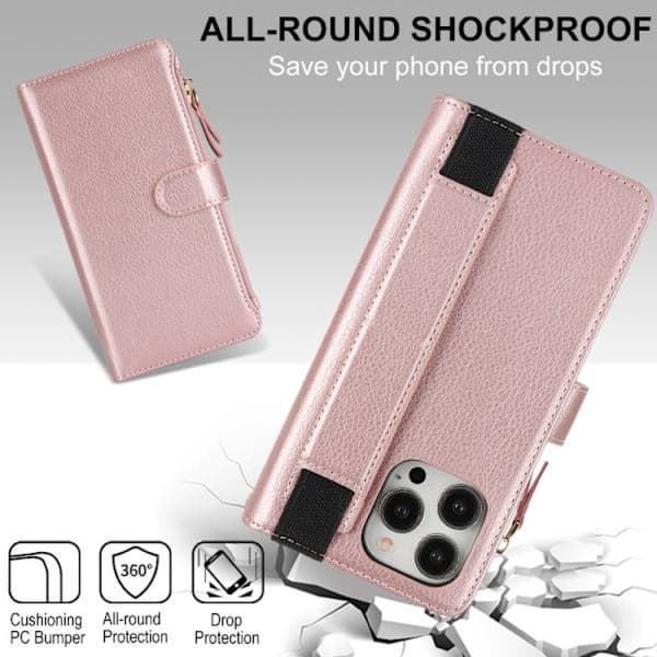iPhone 16 Pro Max-deksel med håndleddsrem og glidelås, RFID-beskyttet lærfutteral Rosegull Roséguld