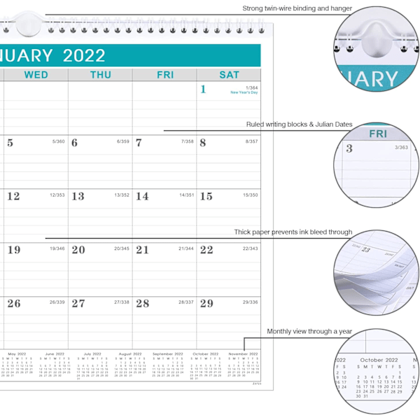 Organisationsverktyg för den moderna tiden, Wire-O-bunden kalender med tjockt papper och månadsvyer, skrivbords- och väggdisplay, iögonfallande design