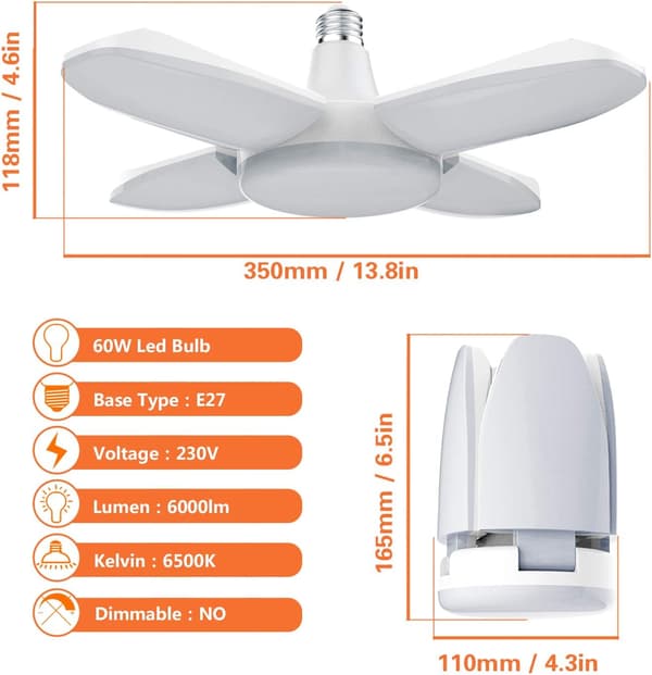 LED Garasjebelysning, 60W E27 6500K 6000Lm Verkstedlampe, LED Tak