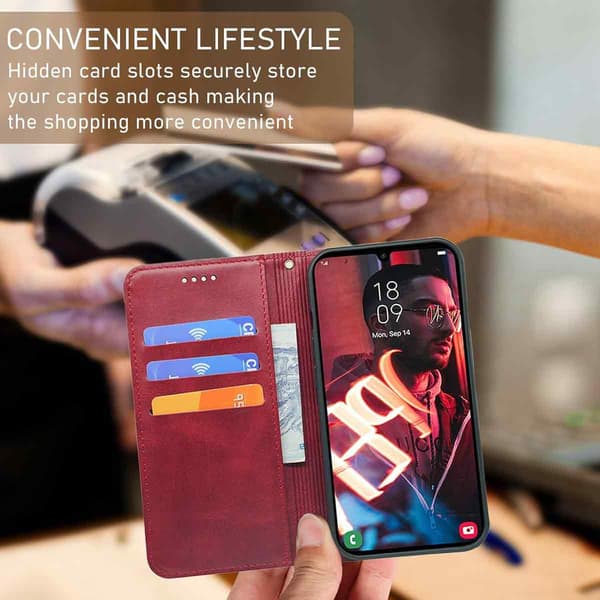 Smart Case-bok for Samsung S23 Rød for sikker oppbevaring av kort og dokumenter, perfekt for reiser.