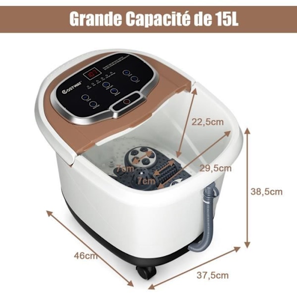 COSTWAY Fotbad 15L med LED-skärm, 6 massagerullar, automatisk värme 35?-48? Duschfunktion och rött ljus, kaffe