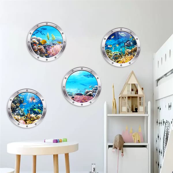 3D Set med 4 st Havsliv Fisk Väggdekaler för Badrum, Under Th