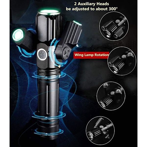 Bärbar Multifunktionell Ficklampa, Taktisk Ficklampa med Zoombar 3 Huvuden, 1000 Lumen Hög Ljusstyrka för Nödsituationer & Utomhusaktiviteter