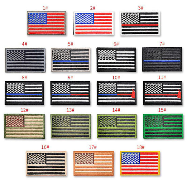 18 broderte strykemerker med amerikansk flaggdesign