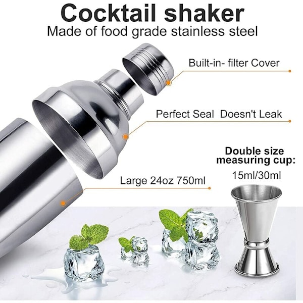 Bartender's Deluxe Set, 750ml Cocktail Shaker, Bambuställ, Rostfria Barverktyg, Diskmaskinskompatibel, Enkel Förvaring för Professionella