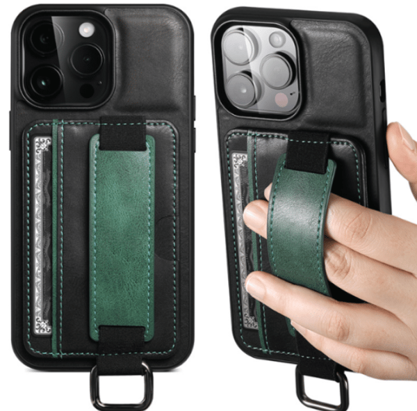 Musta, sopii iPhone 15 -korttipidike puhelinkoteloon nahkaa