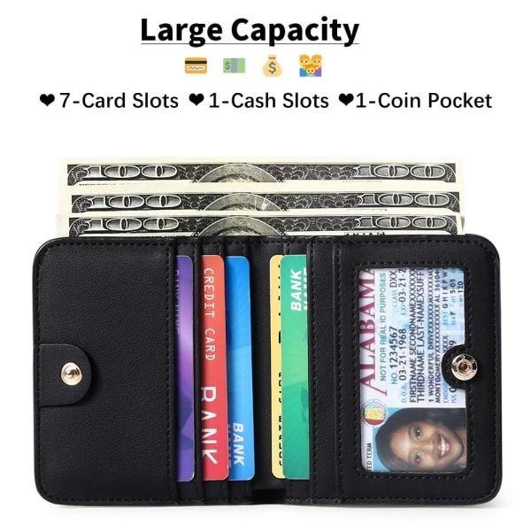 Liten kompakt bifold lyxig äkta läder plånbok dam mini väska med ID-fönster (svart)