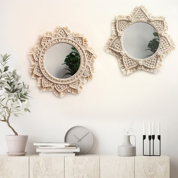 Stilfull Bohemisk Sovrumsinredning, Boho Chic Makraméspegel med Tidlös Design för Universell Heminredning, Enkel Installation Väggupphängning (Solstråle)