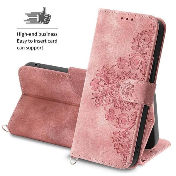 (For Samsung S10) Embossed Leather Phone Case with Lanyard, Multiple Card Slots, Black Brun