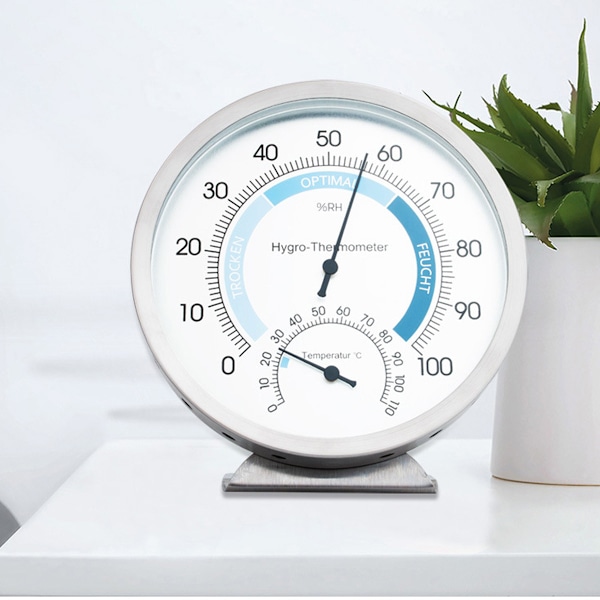 Elegant inomhus hygrometer, analog display för temperatur- och fuktighetskontroll, rostfritt stålhölje för hållbar livslängd, lämplig för inomhusbruk i hemmet
