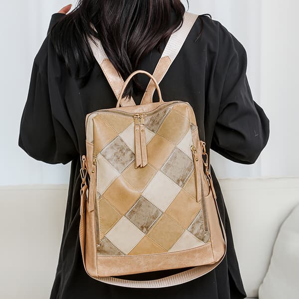 Patchwork diamantquiltad PU-ryggsäck, stor kapacitet, khaki Khaki
