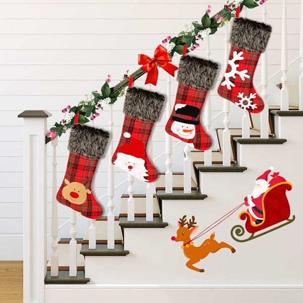 Julstrumpor, perfekt julklapp säckväv rutig stil 45 cm stor storlek med 3D-karaktärsdesign för glädjefull juldekoration (röd och svart, set med