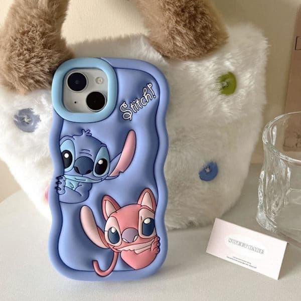 (För iPhone 13 Pro MAX) Lilo och Stitch silikonskal mobilskal rosa blå