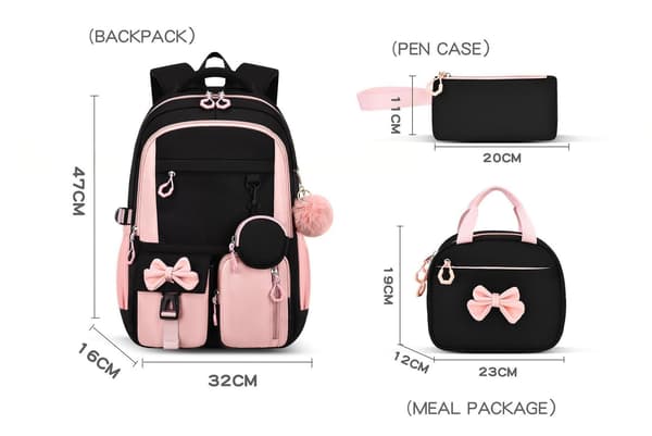 Svart och rosa flickig rosett studentryggsäck 3-delat set pink