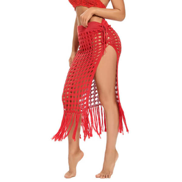 Dam Hollow Out Kjolar Mesh Tofs Stickad Delad Fåll Hög Midja Sida Knytning Strandöverdrag Sarong Roströd S