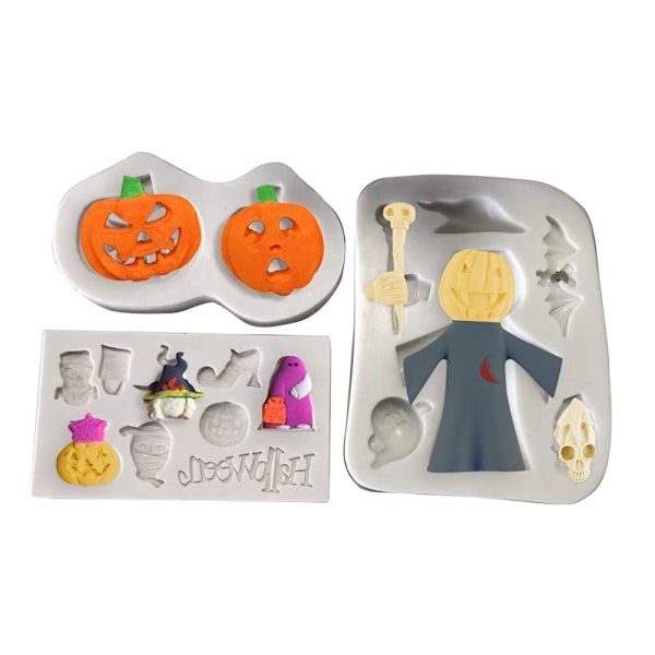 3-pack Halloween Lollipop Silikonformar Pumpa Spöke Bat Trollkarlhattformad Silikonform DIY Handgjorda Bakverktyg