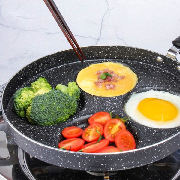 Pannkakspanna, 24 cm pannkakspanna med 4 hål, rund non-stick stekpanna, frukostpanna (svart)