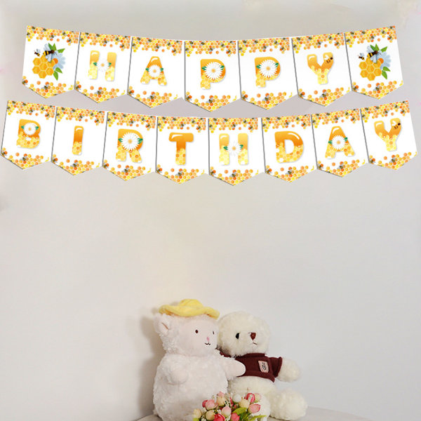 Bi-tema Dekoration för Födelsedagsfest, Muffin Toppers, Blomster Söta Bi-design, Ljust Gul och Svart Papper, Perfekt för att Fira Bin, 1 Flagga