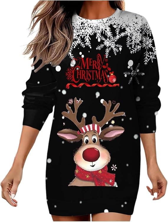 Jule-sweatshirtkjole med rund hals og lange ærmer til kvinder, 3D-digitalt print pullover - Sort - Størrelse S Black S