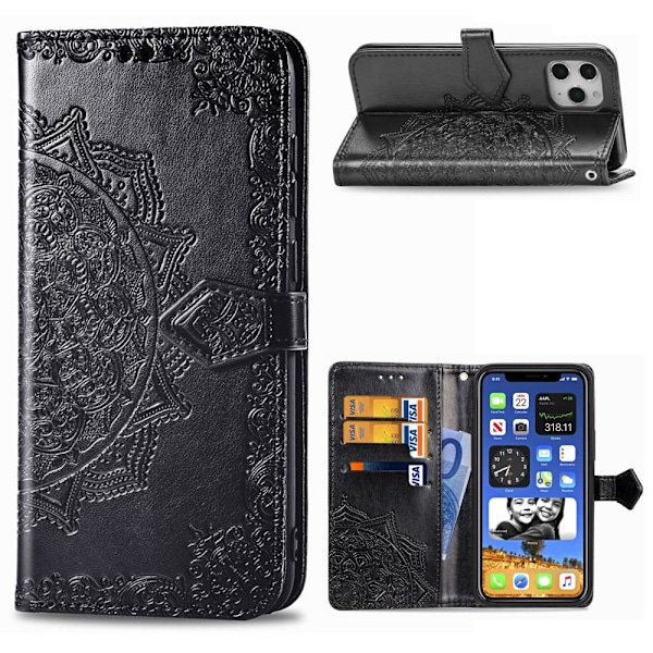 iPhone 12 Pro Max - Mandala Läder Fodral - Svart Black Svart