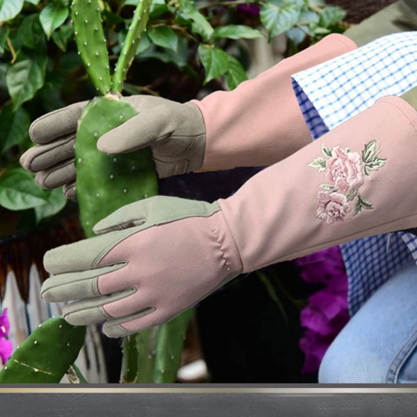 1 par stickbeständiga trädgårdshandskar för kvinnor med underarm