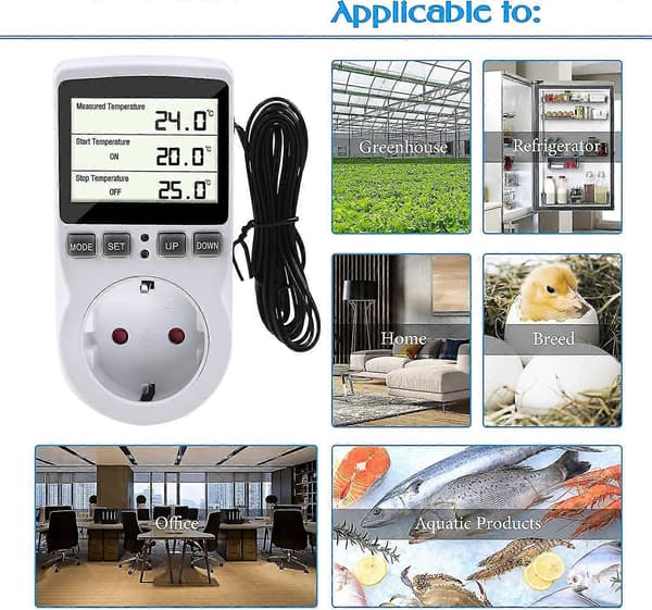 Termostat Sokkel med Sensor, Digital Timer Sokkel, Programmerbar Digital Timer, Varmetermostat Sokkel, Akvarium