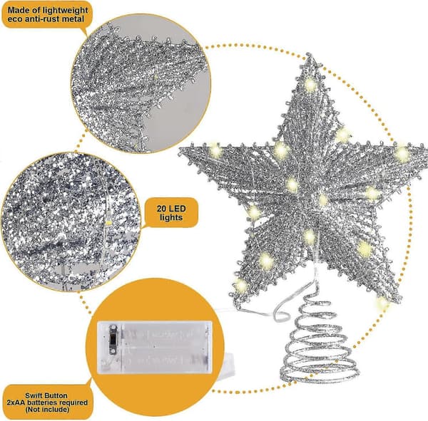 10 tum julgransstjärna med 20 LED-lampor. Silverglittrande metall