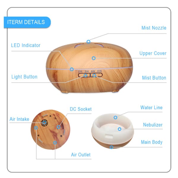 Aroma Diffuser, 550ML Luftfukter Ultralydforstøver, Romfukter Aromaterapi Oljer Duftlampe med 7 Farger LED Lyst Tre