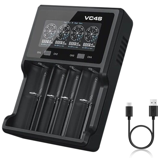 VC4S USB laddare 4-fack snabbladdare för 3,6V/3,7V Li-ion 18650