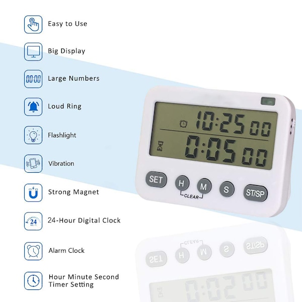 Flexibel tidshanteringslösning, högt alarm med minnesfunktion och justerbar volym för oöverträffad mångsidighet vid matlagning, bakning, träning, gym